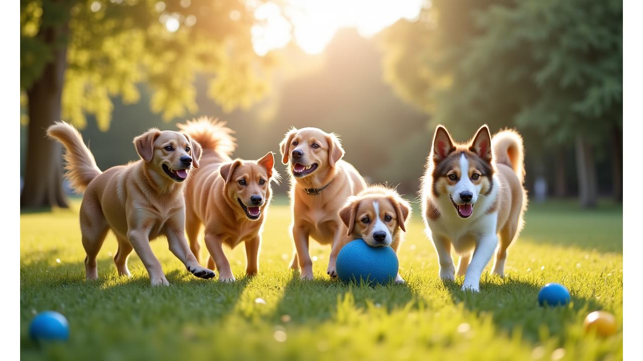 Variety of happy dogs playing with different types of safe, colorful toys outdoors.